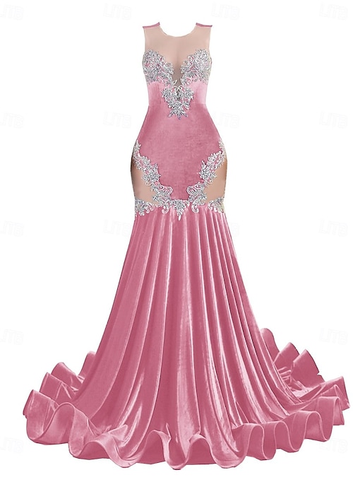 Mermaid Evening Gown Elegant Dress Evening Party Engagement Court Train  Sleeveless Jewel Neck Velvet with Beading Appliques 2026 - 287.99