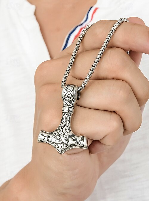 Collana con Martello di Thor Mjolnir, Ciondolo Vichingo in Acciaio Inossidabile con Catena a Corda da 3,3 mm - Italia