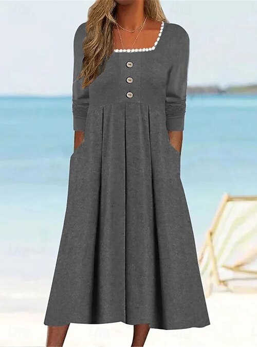 Women's Casual Dress Midi Dress Patchwork Button Vacation Streetwear Basic Square  Neck 3/4 Length Sleeve Black White Wine Color 2026 - CAD $78.99