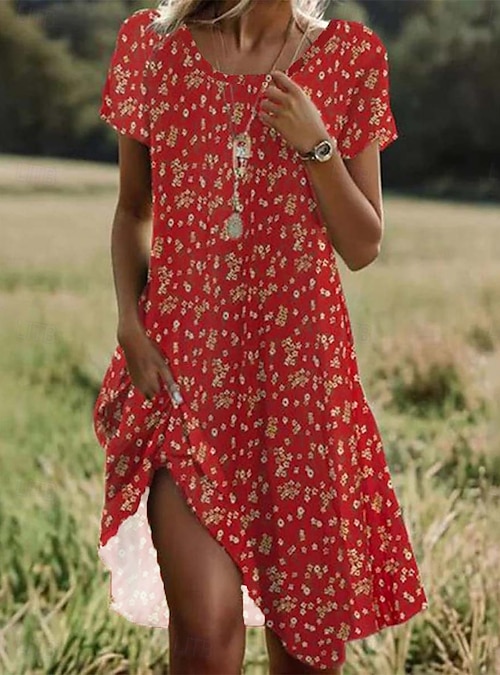 loose fitting petite dresses Women's Mini Dress Boho Petite Dress T Shirt Dress Tee Dress A Line Dress  Summer Dress Stylish Casual Vacation Daily Holiday Loose Fit Ditsy Floral  Short Sleeve Crew Neck White Red Blue