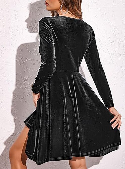 Women's Black Dress Velvet A Line Dress Fashion Long Dress Crew Neck Long  Sleeve Plain Regular Fit Black Red Green Spring Fall S M L XL 2XL 2026 -  GBP 28.99