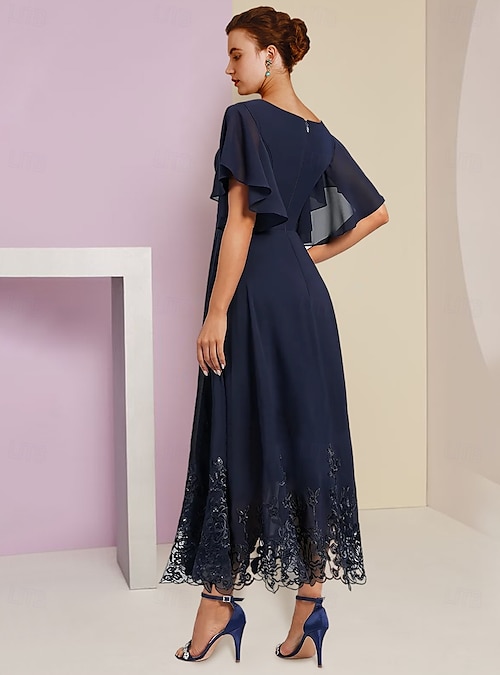 Abito Da Sera Lungo Elegante In Pizzo E Chiffon – Per Matrimoni, Feste E Occasioni Speciali