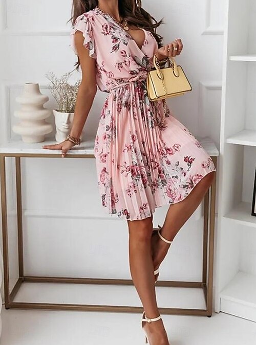 CheChury Robe Casual Fleurie Femme - Robe D'Été Imprimée Col V Manches Courtes - Style Bohème