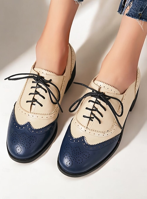 Women's Two-Tone Wingtip Brogue Oxford Shoes in Cream and Navy for Vintage  and Formal Wear 2026 - $46.99