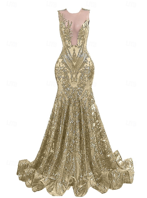 Mermaid Evening Gown Elegant Dress Evening Party Black Tie Gala Court Train  Sleeveless Jewel Neck African American Sequined with Sequin Masquerade Dress  2026 - SGD S$368.47