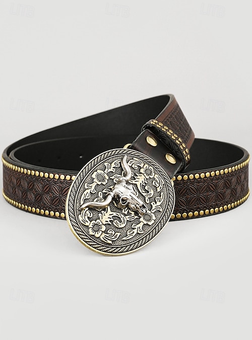 Cintura Da Cowboy Uomo In PU Chic Diary Con Fibbia A Toro E Incisioni Floreali, Regolabile (86-99 Cm) Per Jeans – Stile Western Autentico - 2