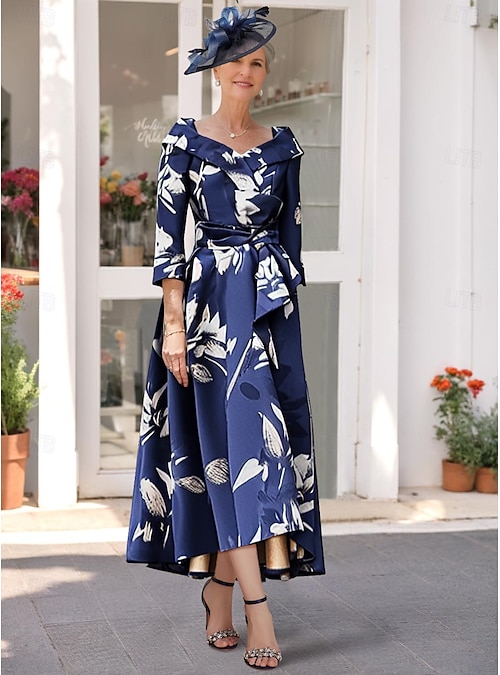 A-Line Mother of the Bride Dress Elegant V Neck Tea Length Satin 3/4 Length  Sleeve with Sash Ribbon Wedding Guest Dress free custom size 2025 CHF1