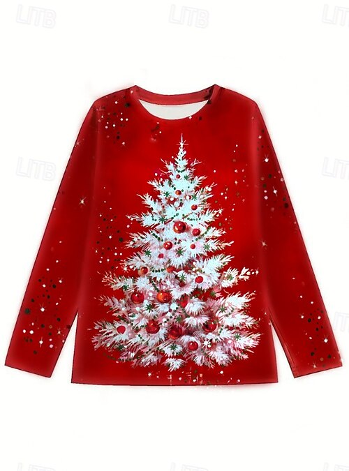 Maglietta casual J1099 a maniche corte con albero di Natale stampato, vino, XL