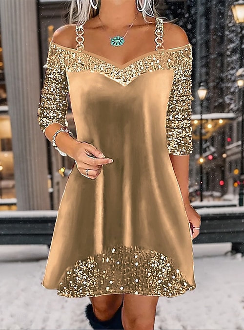 Women's Velvet Dress Sequin Mini Dress Cold Shoulder Party Date V