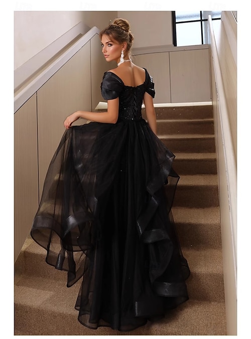 strapless open back dress Black Long Appliques Prom Dress with Spaghetti Straps – jkprom