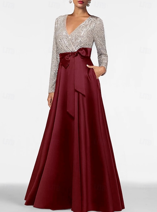 A-Line Floor Length Wedding Guest Dress Formal Dresses Evening Gown Mother of the Bride Dress Long Sleeve V Neck Elegant Color Block Sparkle & Shine Formal Satin Sequined with Sequin Pocket 2026 - A-Line Floor Length Wedding Guest Dress Formal Dresses Evening Gown Mother of the Bride Dress Long Sleeve V Neck Elegant Color Block Sparkle & Shine Formal Satin Sequined with Sequin Pocket 2026 -