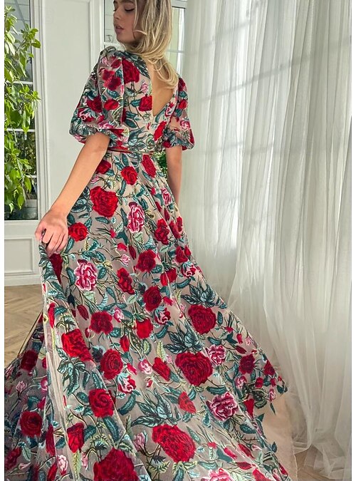 Floral Rose Embroidered A-Line Prom Dresses Elegant Dress Formal Floor  Length Short Sleeve V Neck Belt / Sash Tulle with Floral Print 2026 -  230.99