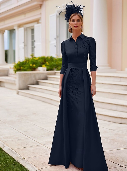 A-Line Floor Length Wedding Guest Dress Mother of the Bride Dress 3/4  Length Sleeve V Neck Elegant Vintage Formal Satin with Lace Appliques Solid  Color 2026 - $219.49