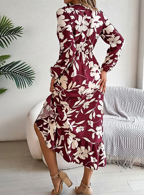 Women's Midi Dress Casual Dress Swing Dress A Line Dress Casual Daily  Regular Fit Floral Long Sleeve V Neck Wine Green Khaki Summer Spring Fall  2026 - $30.99