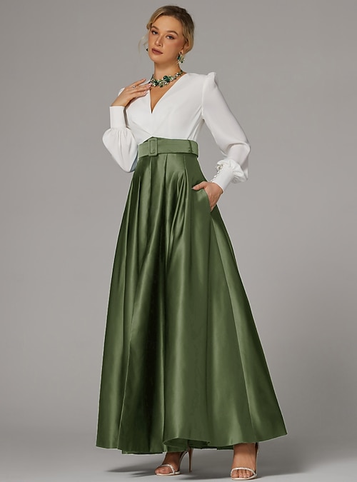 A-Line Floor Length Evening Gown Ball Gown Formal Dress High Split Mother  Of The Bride Long Sleeve V Neck Formal Wedding Guest Fall Wedding Guest  Satin with Pleats Slit 2026