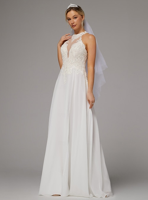 Wedding Dresses A-Line Halter Neck Sleeveless Floor Length Chiffon Bridal  Gowns With Embroidery 2026 - $197.99