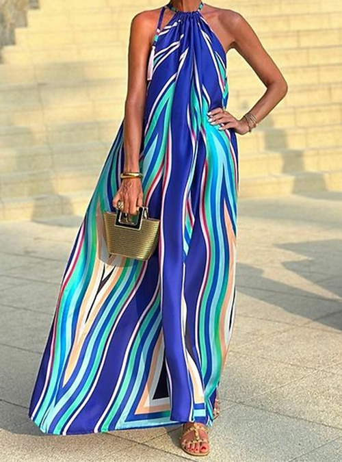 Women's Stripe Halter Neck Maxi Dress Sleeveless Summer Spring 2026 - $26.99