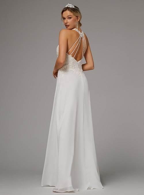 Wedding Dresses A-Line Halter Neck Sleeveless Floor Length Chiffon Bridal  Gowns With Embroidery 2026 - $197.99
