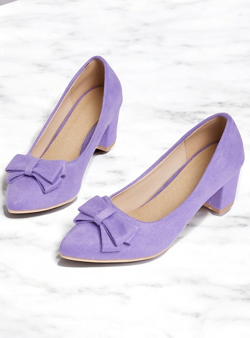 Purple Suede Bow-Tie Low Heel Pumps - Elegant and Comfortable Women s Block Heel Shoes for Everyday Wear Purple Suede Bow-Tie Low Heel Pumps - Elegant and Comfortable Women s Block Heel Shoes for Everyday Wear