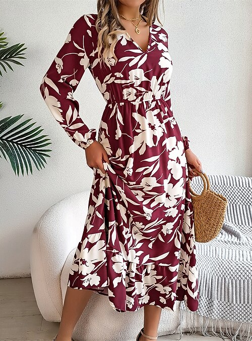 Women's Midi Dress Casual Dress Swing Dress A Line Dress Casual Daily  Regular Fit Floral Long Sleeve V Neck Wine Green Khaki Summer Spring Fall  2026 - $29.99
