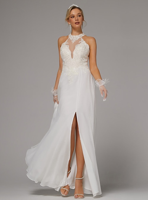 Wedding Dresses A-Line Halter Neck Sleeveless Floor Length Chiffon Bridal  Gowns With Embroidery 2026 - $197.99