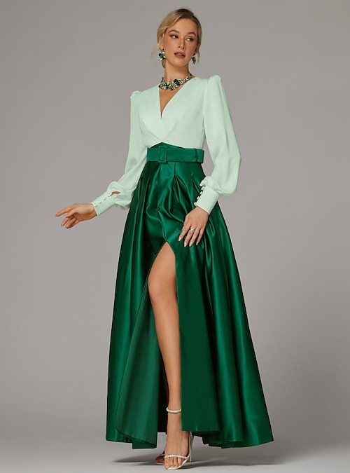 A-Line Floor Length Evening Gown Ball Gown Formal Dress High Split Mother  Of The Bride Long Sleeve V Neck Formal Wedding Guest Fall Wedding Guest  Satin with Pleats Slit 2026 - JOD