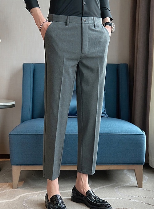 Men's Graduation Dress Pants Cropped Pants Buttons Pocket Plain