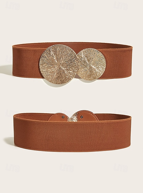 women's stretch belt for dresses Elastic Waist with Gold Circle Buckle shirt or sweater Elastic Belt Thick Black Belt