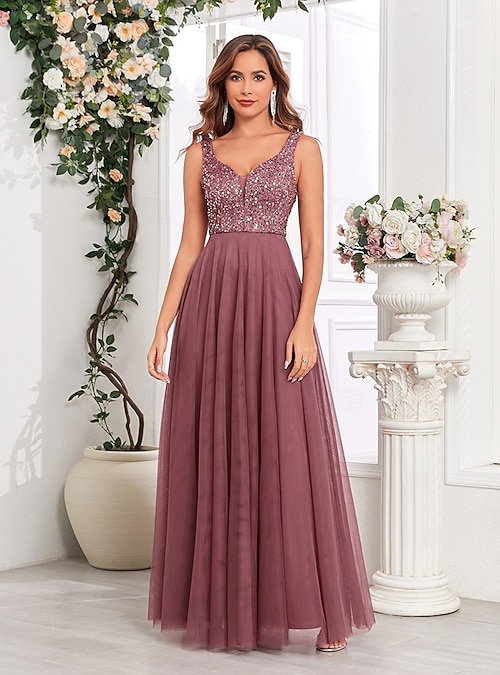A-Line Wedding Guest Dresses Elegant Dress Wedding Guest Birthday Floor  Length Sleeveless V Neck Pink Dress Tulle V Back with Sequin 2026 - 90.99