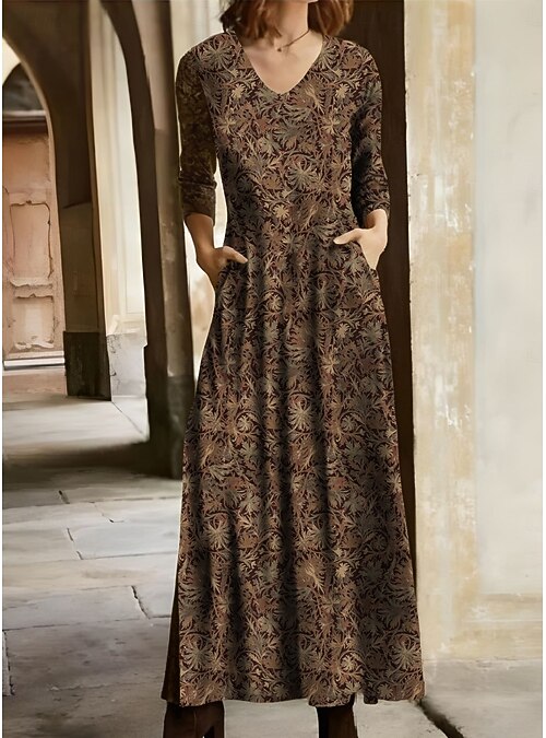 Women's Winter Dress T Shirt Dress Tee Dress Floral Tribal Pocket V Neck  Long Dress Maxi Dress Vintage Ethnic Daily Long Sleeve Fall Winter 2026 -  $23.99
