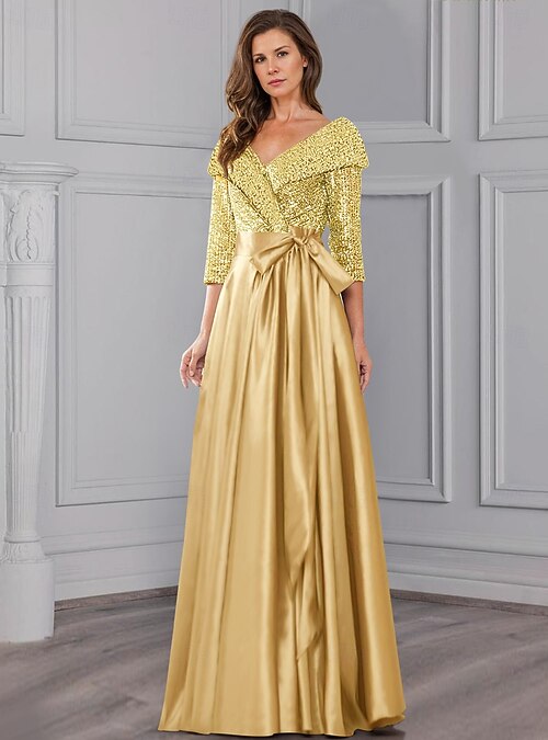 A-Line Mother of the Bride Dress Elegant Luxurious Sparkle & Shine Shirt  Collar Floor Length Satin Glitter Lace Half Sleeve with Pleats Draping 2026  - NZ $319.39