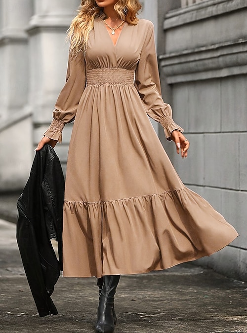 Women's Casual Dress Midi Dress Ruffle Casual V Neck Long Sleeve Black Wine  Khaki Color 2026 - $29.99