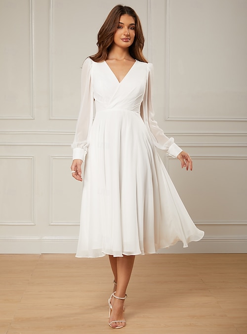 A-Line Ankle Length Wedding Dresses Bridal Shower Dresses Bridal Gown Little White Dresses Bishop sleeves Long Sleeve V Neck Graduation Birthday Chiffon with Solid Color 2026 - GBP 118 A-Line Ankle Length Wedding Dresses Bridal Shower Dresses Bridal Gown Little White Dresses Bishop sleeves Long Sleeve V Neck Graduation Birthday Chiffon with Solid Color 2026 - GBP 118