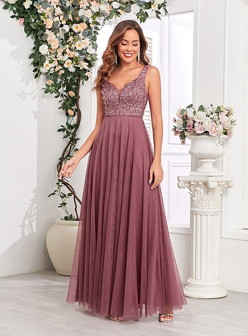 A-Line Wedding Guest Dresses Elegant Dress Wedding Guest Birthday Floor  Length Sleeveless V Neck Pink Dress Tulle V Back with Sequin 2026 - 90.99