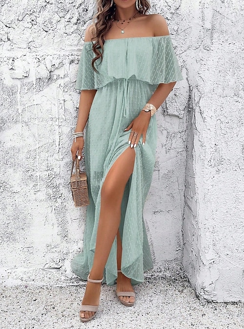 green off the shoulder dress casual Petal and Pup Women's Adair Off Shoulder Maxi Dress