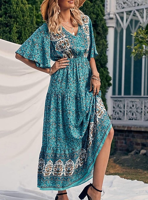 women's boho dresses uk Maxi Dress Womens Swing Maxi Dress Casual Dress Swing Dress A Line Dress Dress Casual Daily Regular Fit Floral Half Sleeve V Neck Yellow Red Blue Summer Spring Fall 2026 GBP color:Ballet Pink Grey Strapless Bodycon Dress global-neckline-Halter Neck