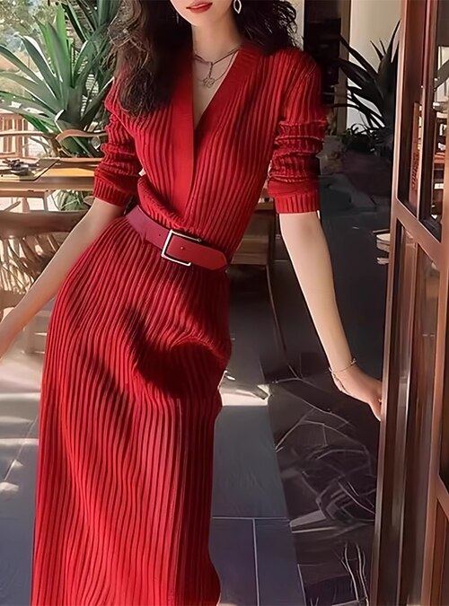 Women's Valentine Sweater Dress Plain Maxi Dress Long Sleeve V Neck Belted Regular Fit Vacation Daily Black White Red Spring Fall Winter 2026 - $55.99 Women's Valentine Sweater Dress Plain Maxi Dress Long Sleeve V Neck Belted Regular Fit Vacation Daily Black White Red Spring Fall Winter 2026 - $55.99