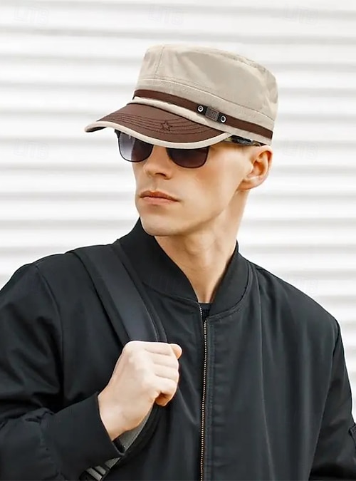 Men's Military Style Polyester Flat Top Cap with Adjustable Strap
