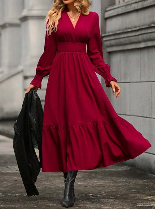 Women's Casual Dress Midi Dress Ruffle Casual V Neck Long Sleeve Black Wine  Khaki Color 2026 - $29.99