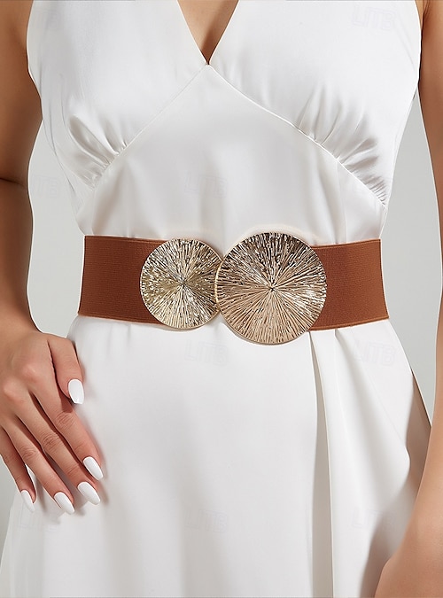 women's stretch belt for dresses w.kleinberg Wide Stretch Belt with Circle Buckle Natural / M