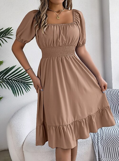 Women's Mini Dress Casual Dress A Line Dress Milkmaid Dress Stylish Basic  Casual Vacation Daily Regular Fit Plain Short Sleeve Square Neck Khaki  Light Blue Summer Spring 2026 - CAD $62.99