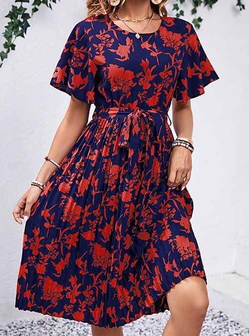 Women's Midi Dress Casual Dress Swing Dress A Line Dress Stylish Casual  Vacation Daily Regular Fit Floral Short Sleeve Crew Neck Black Red Spring  Fall 2026 - CAD $62.99