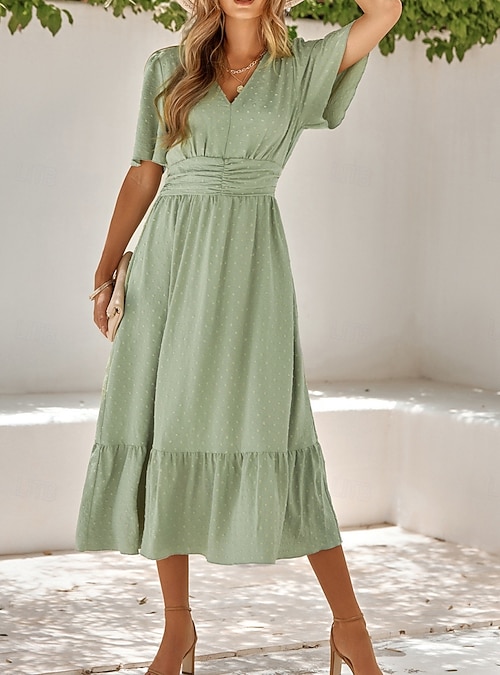Women's Midi Dress Casual Dress Swing Dress A Line Dress Stylish Basic  Casual Vacation Daily Regular Fit Plain Short Sleeve V Neck Light Green Red  Summer Spring 2026 - GBP 36.99
