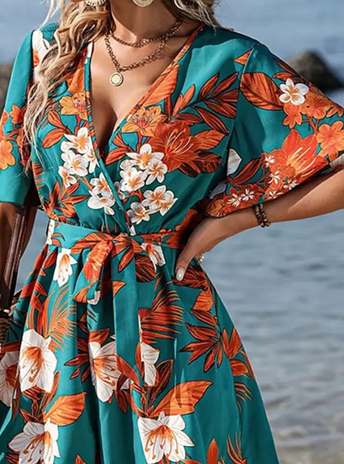 Women's Normal Romper Active Floral Short Sleeve V Neck High Waist