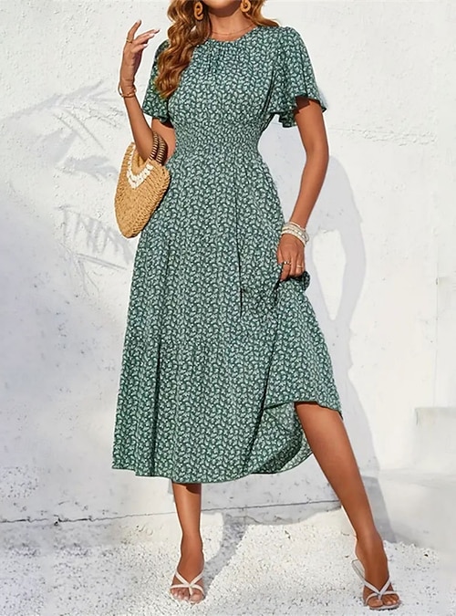 womens midi swing dress Zeagoo Women's Midi Dress Casual Summer Dresses V Neck Tiered Swing Dress  with Pockets Womens Short Sleeve Sundress Loose Travel Dresses