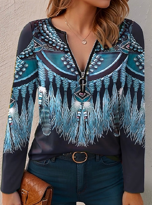 Women's T Shirt Quarter Zip Long Sleeve Casual Graphic V