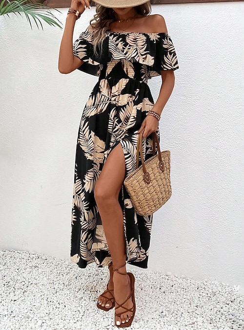 off shoulder maxi dress casual Clodeeu Women's Off Shoulder Maxi Dress, Casual Solid Color Split Hem Beach Dress with Pockets Gray,Women's Plus M, Size: Medium