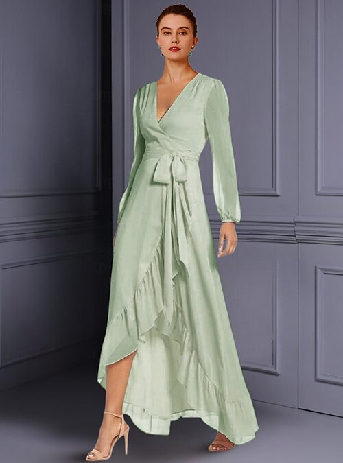 A-Line Mother of the Bride Dress Wedding Guest Elegant High Low V Neck Asymmetrical Tea Length Chiffon Long Sleeve with Ruched Split Front free custom size 2026 - OMR 65.69 A-Line Mother of the Bride Dress Wedding Guest Elegant High Low V Neck Asymmetrical Tea Length Chiffon Long Sleeve with Ruched Split Front free custom size 2026 - OMR 65.69