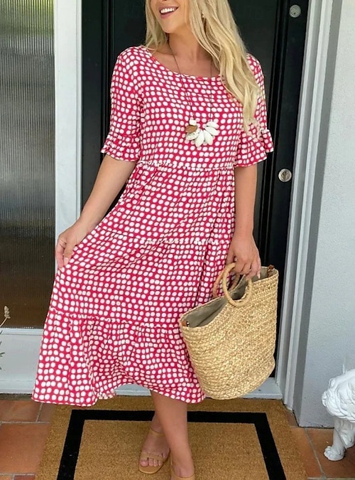 white christmas dresses House of S Women's Navy & White Checkered Midi Dress | A-Line Cotton Dress  with Half Sleeves | Casual & Office Wear Western Outfit main image 0