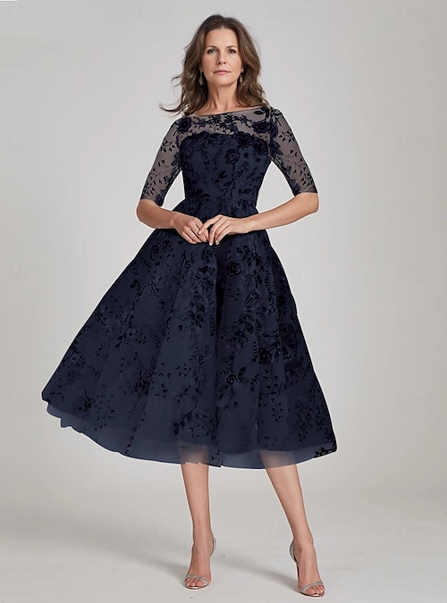 A-Line Dress Ankle Length Tea Length Party Dress Cocktail Dress Wedding  Guest Dress Mother of the Bride Dress Half Sleeve V Neck Elegant Vintage  Formal Tulle with Embroidery Appliques Flower 2026 -